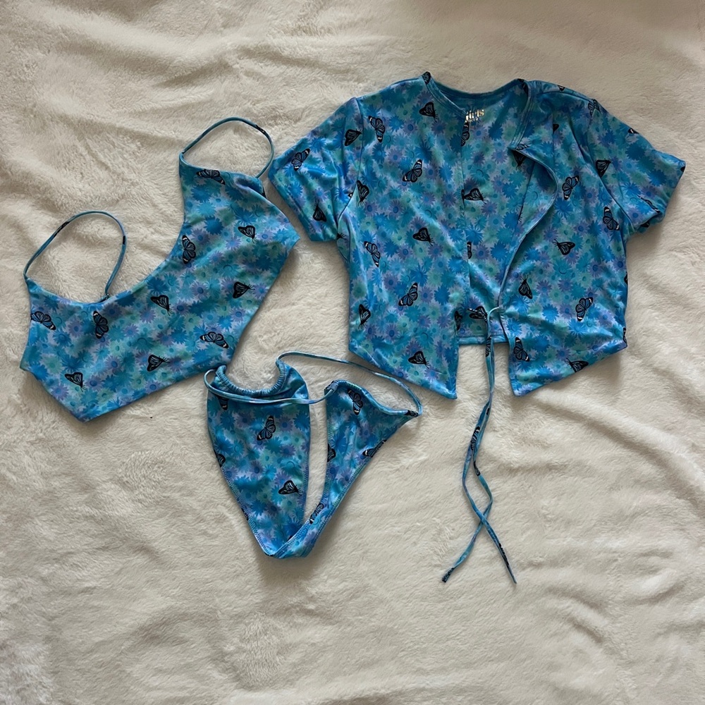 Blue Tie-Dye butterfly bikini Three-Piece Set